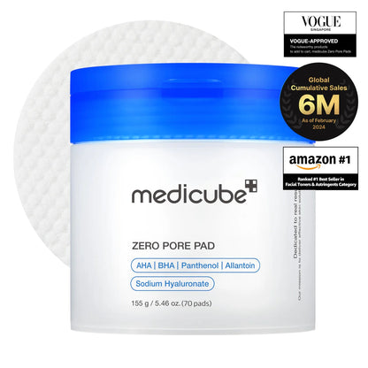 medicube Toner Pads Zero Pore Pad 2.0 | Dual-Textured Facial Pad for Exfoliation and Pore Care with 4.5% AHA Lactic Acid, 0.45% BHA Salicylic Acid | Ideal for All, Korean Skin Care, 70 Pads (2 Pack)